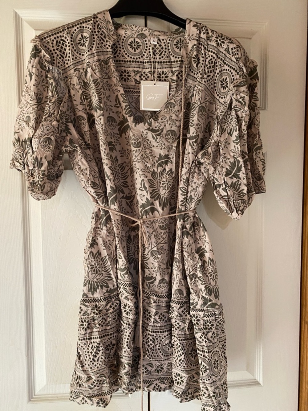 Greylin Taupe Floral Puff-Sleeve Mini Dress